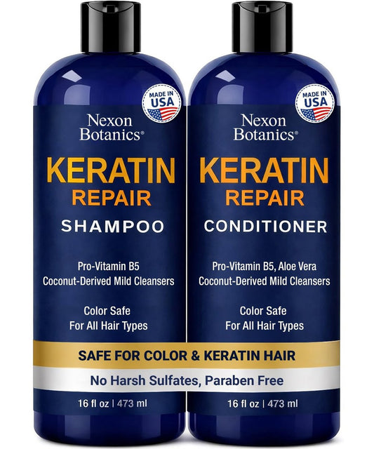Nexon Botanics Keratin Shampoo & Conditioner Set 2x473 ml – Stärkende & glättende Pflege für trockenes, geschädigtes, krauses oder keratinbehandeltes Haar – Farbschutz – Champu Cabello con Keratina