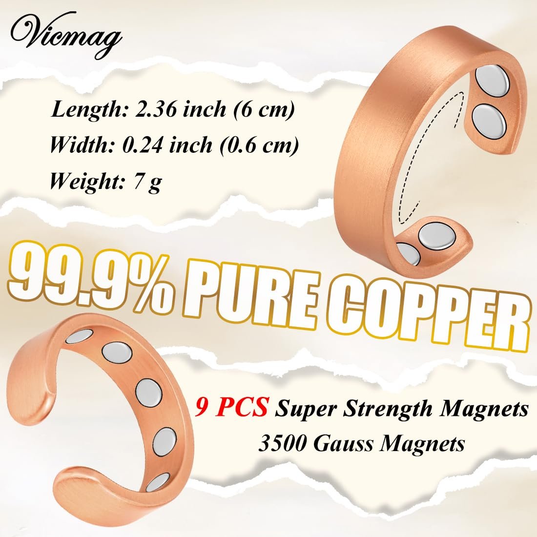 Vicmag 2 Stück Magnetische Kupferringe für Damen und Herren – 99,99 % reiner Kupferring mit 9-fach Magneten, verstellbar, Geschenk