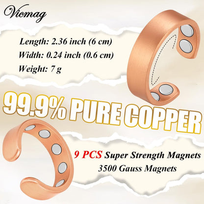 Vicmag 2 Stück Magnetische Kupferringe für Damen und Herren – 99,99 % reiner Kupferring mit 9-fach Magneten, verstellbar, Geschenk