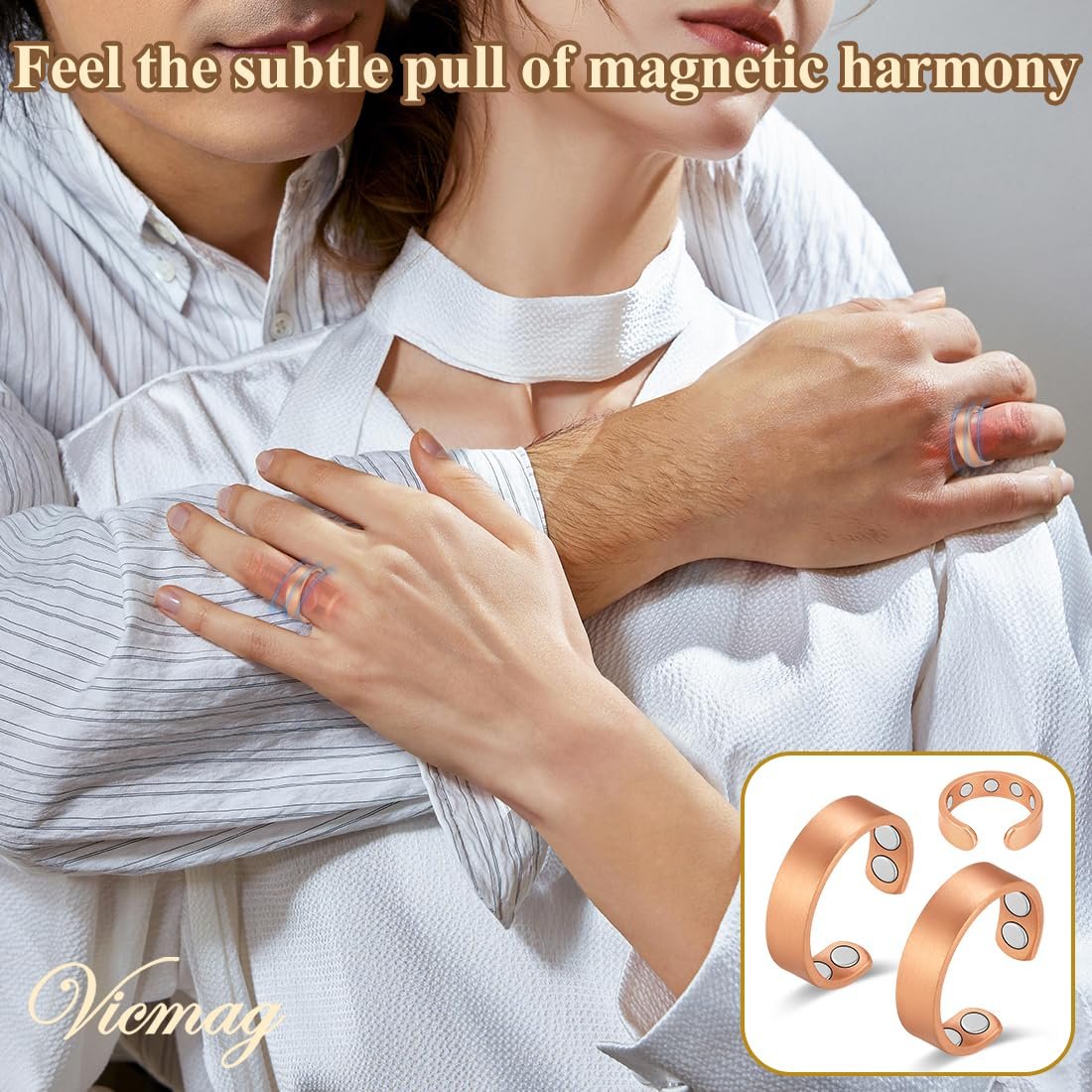 Vicmag 2 Stück Magnetische Kupferringe für Damen und Herren – 99,99 % reiner Kupferring mit 9-fach Magneten, verstellbar, Geschenk
