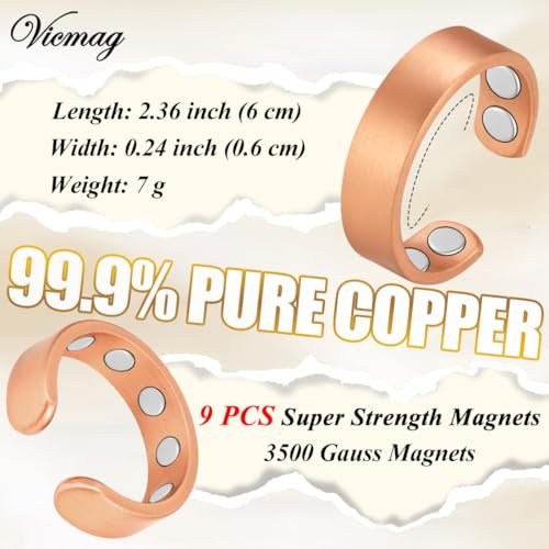 Vicmag 2 Stück Magnetische Kupferringe für Damen und Herren – 99,99 % reiner Kupferring mit 9-fach Magneten, verstellbar, Geschenk
