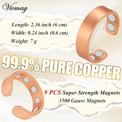 Vicmag 2 Stück Magnetische Kupferringe für Damen und Herren – 99,99 % reiner Kupferring mit 9-fach Magneten, verstellbar, Geschenk
