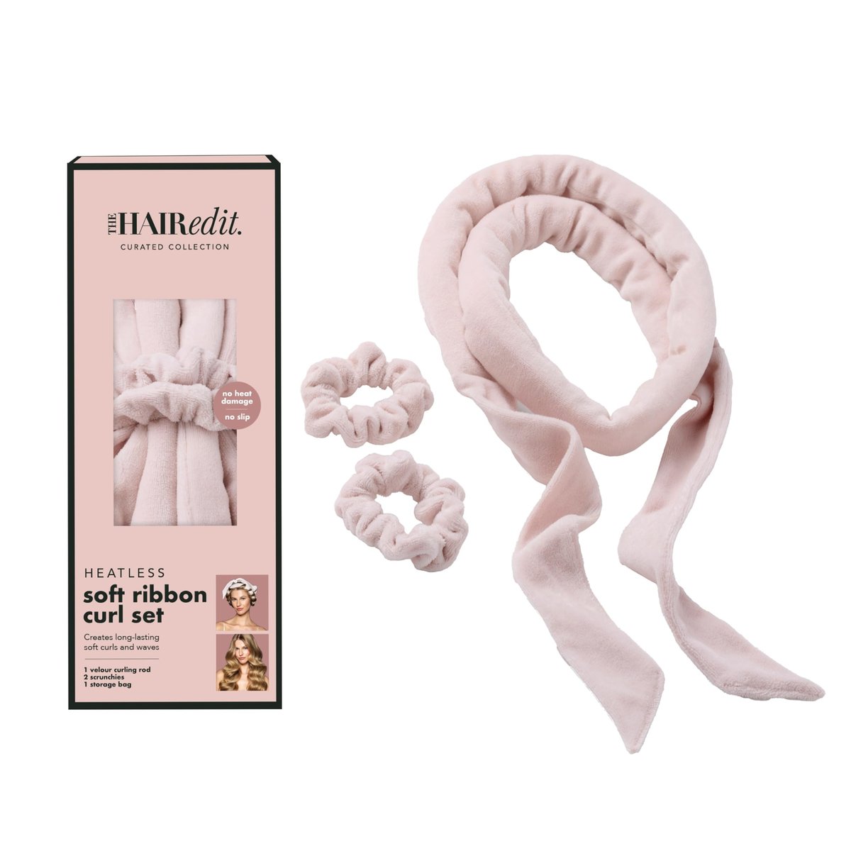 The Hair Edit Heatless Soft Ribbon Curl Set – Hitzefreier Lockenwickler mit 2 Velour-Scrunchies für sanfte Locken über Nacht, für langes und mittellanges Haar, 69 Zoll Länge