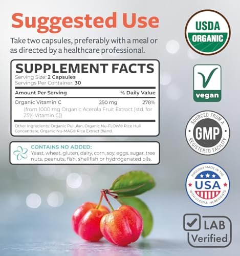 Bio Vitamin C Supplement – Acerola Vitamin C aus Vollwertkost für Immununterstützung und saisonales Wohlbefinden mit natürlichen Bioflavonoiden, Polyphenolen und Cofaktoren (1-Monats-Vorrat)