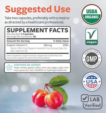 Bio Vitamin C Supplement – Acerola Vitamin C aus Vollwertkost für Immununterstützung und saisonales Wohlbefinden mit natürlichen Bioflavonoiden, Polyphenolen und Cofaktoren (1-Monats-Vorrat)