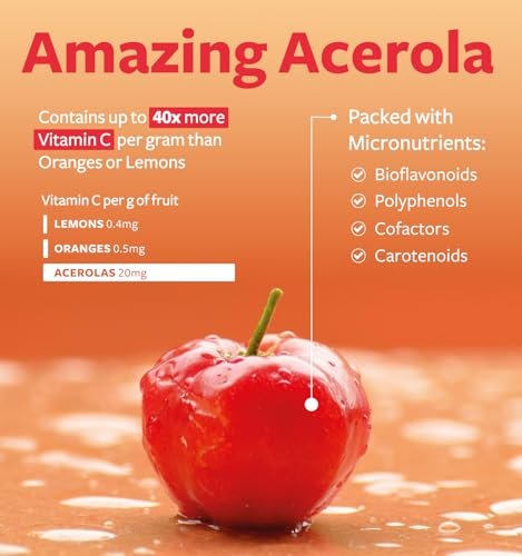 Bio Vitamin C Supplement – Acerola Vitamin C aus Vollwertkost für Immununterstützung und saisonales Wohlbefinden mit natürlichen Bioflavonoiden, Polyphenolen und Cofaktoren (1-Monats-Vorrat)