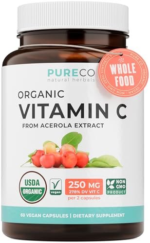Bio Vitamin C Supplement – Acerola Vitamin C aus Vollwertkost für Immununterstützung und saisonales Wohlbefinden mit natürlichen Bioflavonoiden, Polyphenolen und Cofaktoren (1-Monats-Vorrat)
