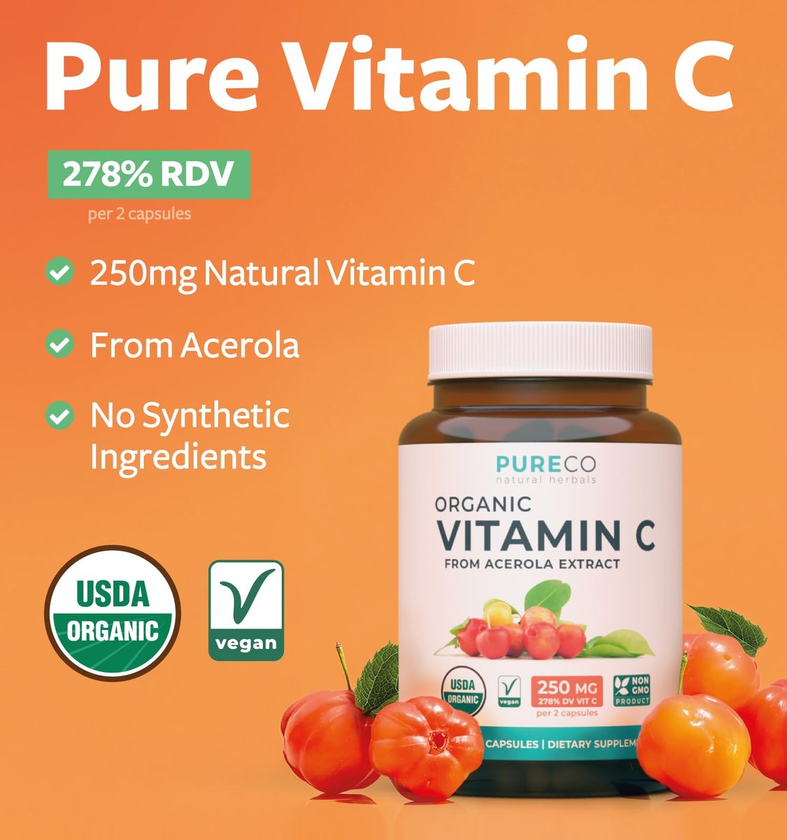 Bio Vitamin C Supplement – Acerola Vitamin C aus Vollwertkost für Immununterstützung und saisonales Wohlbefinden mit natürlichen Bioflavonoiden, Polyphenolen und Cofaktoren (1-Monats-Vorrat)