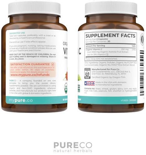 Bio Vitamin C Supplement – Acerola Vitamin C aus Vollwertkost für Immununterstützung und saisonales Wohlbefinden mit natürlichen Bioflavonoiden, Polyphenolen und Cofaktoren (1-Monats-Vorrat)
