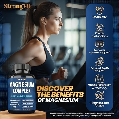 1000 mg Magnesium Komplex für Frauen und Männer - 12-in-1 Magnesiumpräparat mit Ashwagandha, Zink, D3, L-Theanin - Leicht zu schlucken, hohe Absorption, Schlafunterstützung & Stressabbau (60 Kapseln)
