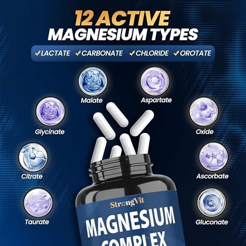 1000 mg Magnesium Komplex für Frauen und Männer - 12-in-1 Magnesiumpräparat mit Ashwagandha, Zink, D3, L-Theanin - Leicht zu schlucken, hohe Absorption, Schlafunterstützung & Stressabbau (60 Kapseln)