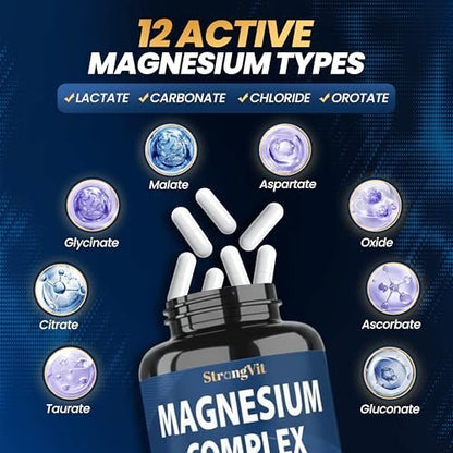 1000 mg Magnesium Komplex für Frauen und Männer - 12-in-1 Magnesiumpräparat mit Ashwagandha, Zink, D3, L-Theanin - Leicht zu schlucken, hohe Absorption, Schlafunterstützung & Stressabbau (60 Kapseln)