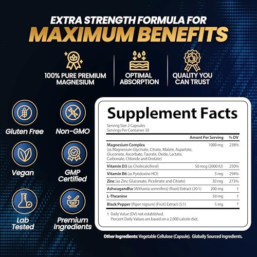 1000 mg Magnesium Komplex für Frauen und Männer - 12-in-1 Magnesiumpräparat mit Ashwagandha, Zink, D3, L-Theanin - Leicht zu schlucken, hohe Absorption, Schlafunterstützung & Stressabbau (60 Kapseln)