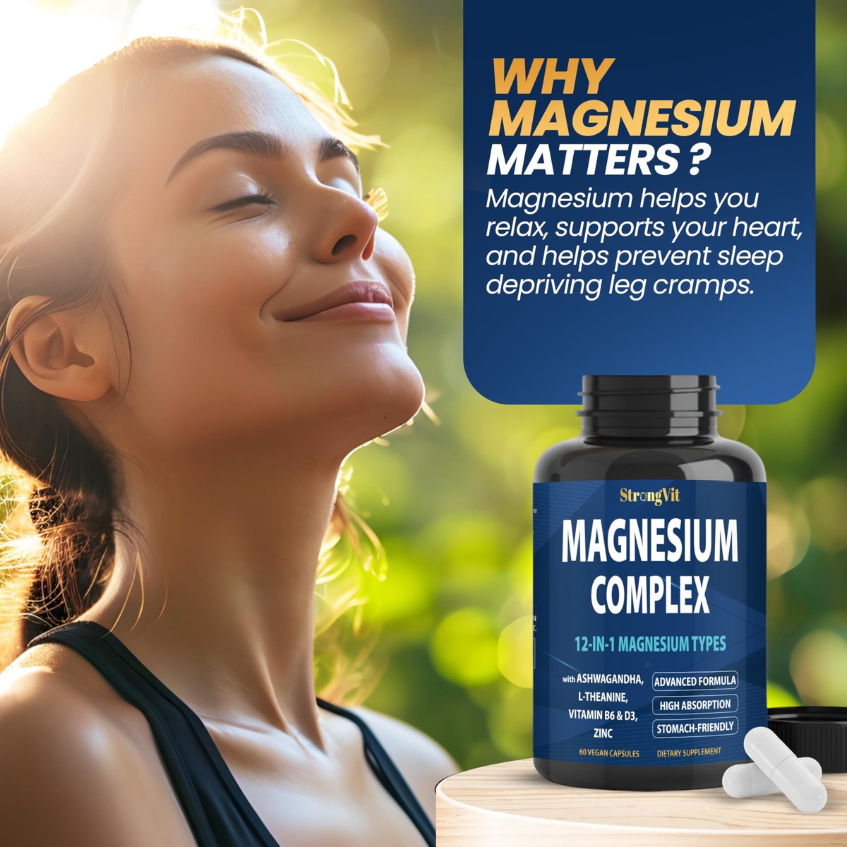 1000 mg Magnesium Komplex für Frauen und Männer - 12-in-1 Magnesiumpräparat mit Ashwagandha, Zink, D3, L-Theanin - Leicht zu schlucken, hohe Absorption, Schlafunterstützung & Stressabbau (60 Kapseln)