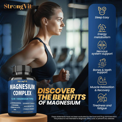 1000 mg Magnesium Komplex für Frauen und Männer - 12-in-1 Magnesiumpräparat mit Ashwagandha, Zink, D3, L-Theanin - Leicht zu schlucken, hohe Absorption, Schlafunterstützung & Stressabbau (60 Kapseln)