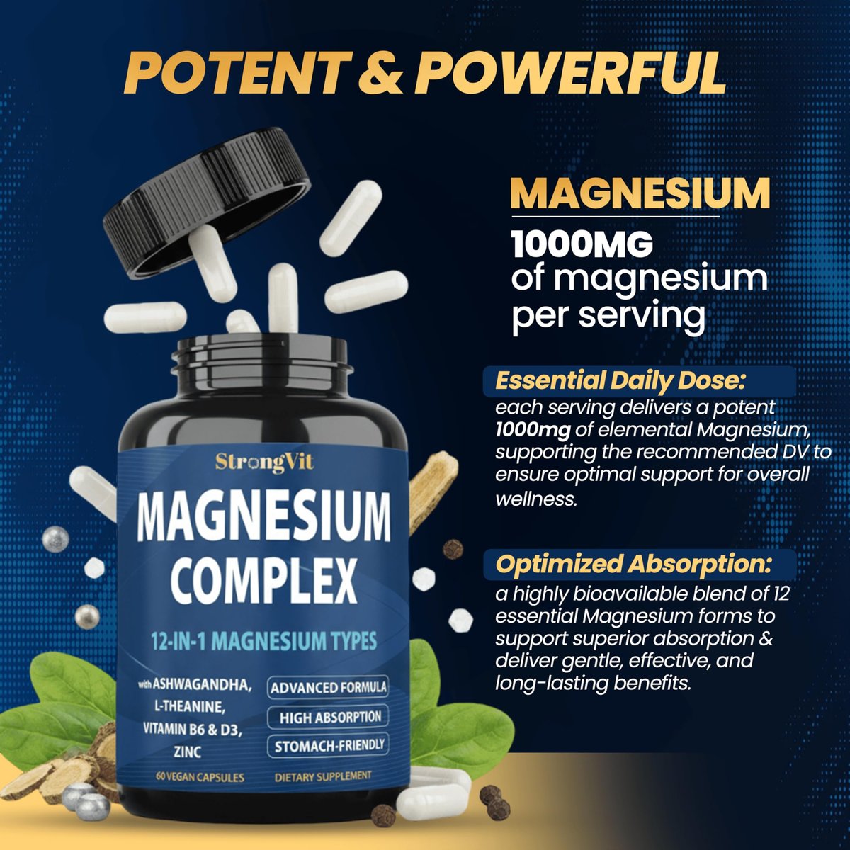1000 mg Magnesium Komplex für Frauen und Männer - 12-in-1 Magnesiumpräparat mit Ashwagandha, Zink, D3, L-Theanin - Leicht zu schlucken, hohe Absorption, Schlafunterstützung & Stressabbau (60 Kapseln)
