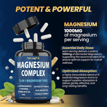 1000 mg Magnesium Komplex für Frauen und Männer - 12-in-1 Magnesiumpräparat mit Ashwagandha, Zink, D3, L-Theanin - Leicht zu schlucken, hohe Absorption, Schlafunterstützung & Stressabbau (60 Kapseln)