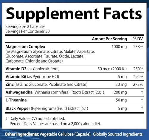 1000 mg Magnesium Komplex für Frauen und Männer - 12-in-1 Magnesiumpräparat mit Ashwagandha, Zink, D3, L-Theanin - Leicht zu schlucken, hohe Absorption, Schlafunterstützung & Stressabbau (60 Kapseln)