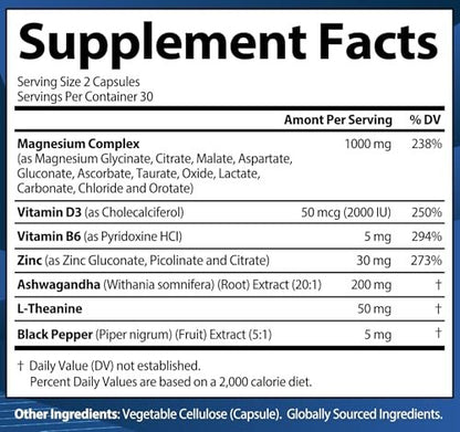 1000 mg Magnesium Komplex für Frauen und Männer - 12-in-1 Magnesiumpräparat mit Ashwagandha, Zink, D3, L-Theanin - Leicht zu schlucken, hohe Absorption, Schlafunterstützung & Stressabbau (60 Kapseln)