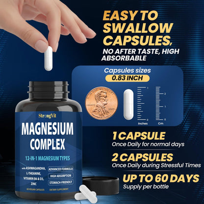 1000 mg Magnesium Komplex für Frauen und Männer - 12-in-1 Magnesiumpräparat mit Ashwagandha, Zink, D3, L-Theanin - Leicht zu schlucken, hohe Absorption, Schlafunterstützung & Stressabbau (60 Kapseln)