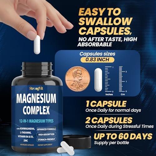 1000 mg Magnesium Komplex für Frauen und Männer - 12-in-1 Magnesiumpräparat mit Ashwagandha, Zink, D3, L-Theanin - Leicht zu schlucken, hohe Absorption, Schlafunterstützung & Stressabbau (60 Kapseln)