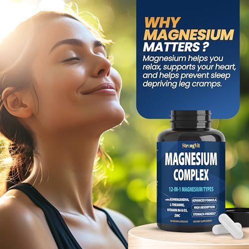 1000 mg Magnesium Komplex für Frauen und Männer - 12-in-1 Magnesiumpräparat mit Ashwagandha, Zink, D3, L-Theanin - Leicht zu schlucken, hohe Absorption, Schlafunterstützung & Stressabbau (60 Kapseln)