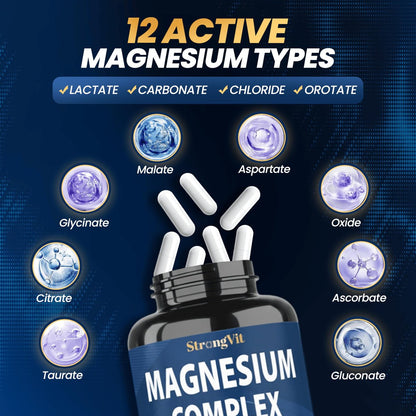 1000 mg Magnesium Komplex für Frauen und Männer - 12-in-1 Magnesiumpräparat mit Ashwagandha, Zink, D3, L-Theanin - Leicht zu schlucken, hohe Absorption, Schlafunterstützung & Stressabbau (60 Kapseln)