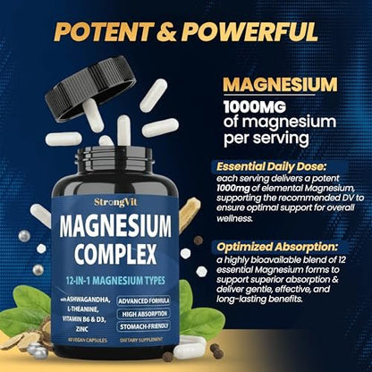 1000 mg Magnesium Komplex für Frauen und Männer - 12-in-1 Magnesiumpräparat mit Ashwagandha, Zink, D3, L-Theanin - Leicht zu schlucken, hohe Absorption, Schlafunterstützung & Stressabbau (60 Kapseln)