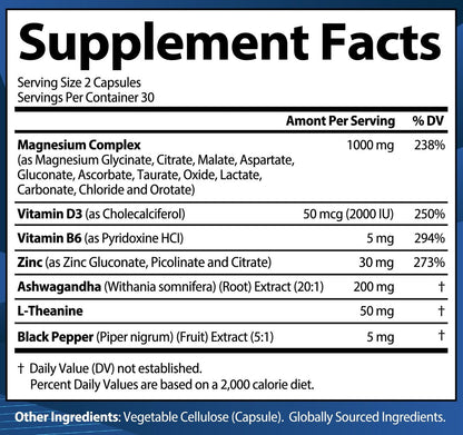 1000 mg Magnesium Komplex für Frauen und Männer - 12-in-1 Magnesiumpräparat mit Ashwagandha, Zink, D3, L-Theanin - Leicht zu schlucken, hohe Absorption, Schlafunterstützung & Stressabbau (60 Kapseln)