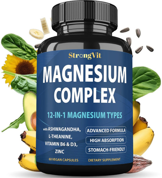 1000 mg Magnesium Komplex für Frauen und Männer - 12-in-1 Magnesiumpräparat mit Ashwagandha, Zink, D3, L-Theanin - Leicht zu schlucken, hohe Absorption, Schlafunterstützung & Stressabbau (60 Kapseln)