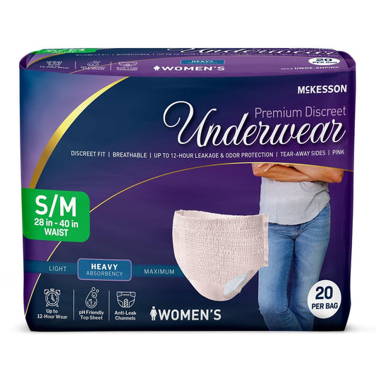 McKesson Premium Diskrete Inkontinenzhose für Damen (20 Stück) - Pull-On Einweg-Inkontinenzhosen mit Reißnähten, Hohe Saugfähigkeit, 12-Stunden-Schutz gegen Auslaufen und Geruch - Small/Medium, 71-102 cm