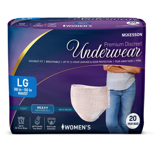 McKesson Premium Diskrete Inkontinenzunterwäsche für Damen (20 Einwegslips) – Zum Überziehen, mit Aufreißnähten, Saugstärke schwer, 12-Stunden Auslauf- & Geruchsschutz – Large, 38-50 Zoll Taillenumfang