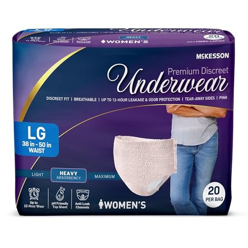 McKesson Premium Diskrete Inkontinenzunterwäsche für Damen (20 Einwegslips) – Zum Überziehen, mit Aufreißnähten, Saugstärke schwer, 12-Stunden Auslauf- & Geruchsschutz – Large, 38-50 Zoll Taillenumfang