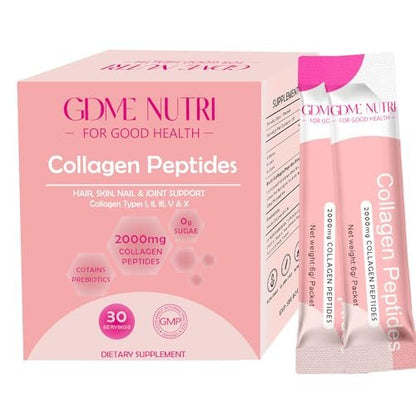 GDMENUTRI Multi-Kollagen-Peptid-Pulver für Frauen und Männer - Typ I, II, III, V, X - Hydrolysierte Kollagenpeptide, unterstützt Haut, Haare, Nägel & Gelenke - Weidehaltung, ohne Gentechnik, 30 Portionsbeutel