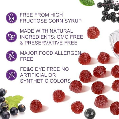 60 Gummis Holunderbeeren – Immununterstützung für Erwachsene und Kinder ab 4 Jahren, 5-in-1 mit Vitamin C, Zink, Hefe-Beta-Glucan, Probiotika-Komplex, natürliches Holunderpräparat, Nicht-GVO, Glutenfrei