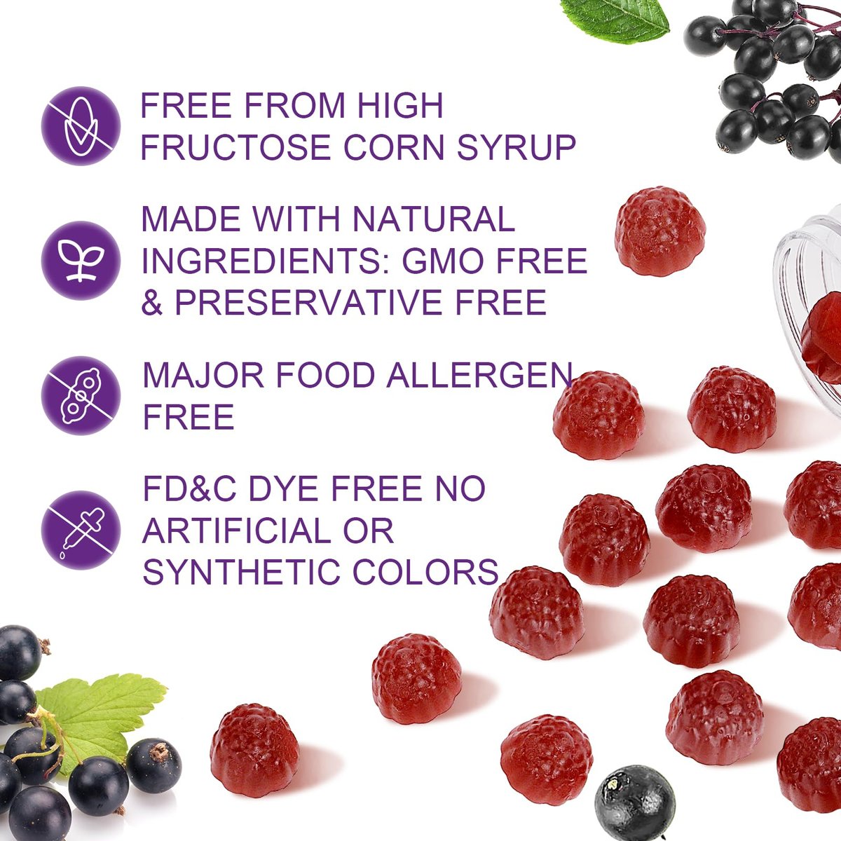 60 Gummis Holunderbeeren – Immununterstützung für Erwachsene und Kinder ab 4 Jahren, 5-in-1 mit Vitamin C, Zink, Hefe-Beta-Glucan, Probiotika-Komplex, natürliches Holunderpräparat, Nicht-GVO, Glutenfrei