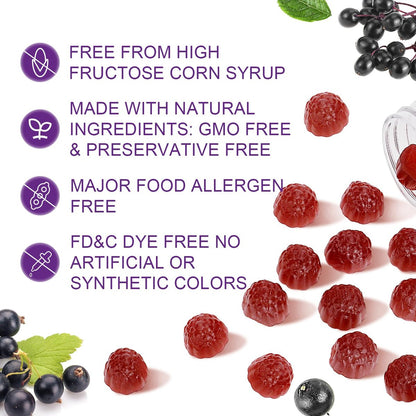 60 Gummis Holunderbeeren – Immununterstützung für Erwachsene und Kinder ab 4 Jahren, 5-in-1 mit Vitamin C, Zink, Hefe-Beta-Glucan, Probiotika-Komplex, natürliches Holunderpräparat, Nicht-GVO, Glutenfrei