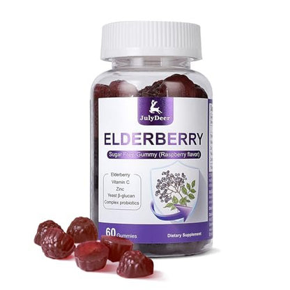 60 Gummis Holunderbeeren – Immununterstützung für Erwachsene und Kinder ab 4 Jahren, 5-in-1 mit Vitamin C, Zink, Hefe-Beta-Glucan, Probiotika-Komplex, natürliches Holunderpräparat, Nicht-GVO, Glutenfrei