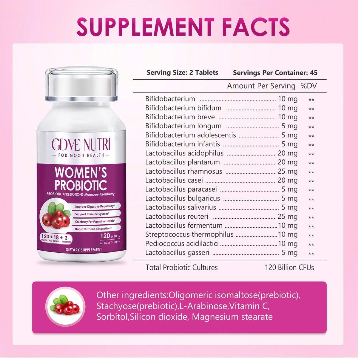 GDMENUTRI Frauen Probiotika, 120 Tabletten, 120 Milliarden KBE, 18 Stämme, mit organischem Prebiotikum Cranberry, Probiotikum für Verdauung, Immunsystem, Frauengesundheit, Soja-, Gluten- und Milchfrei