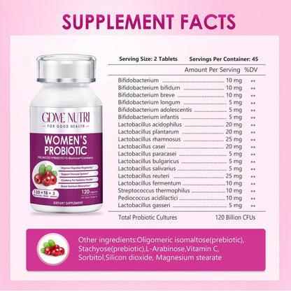 GDMENUTRI Frauen Probiotika, 120 Tabletten, 120 Milliarden KBE, 18 Stämme, mit organischem Prebiotikum Cranberry, Probiotikum für Verdauung, Immunsystem, Frauengesundheit, Soja-, Gluten- und Milchfrei