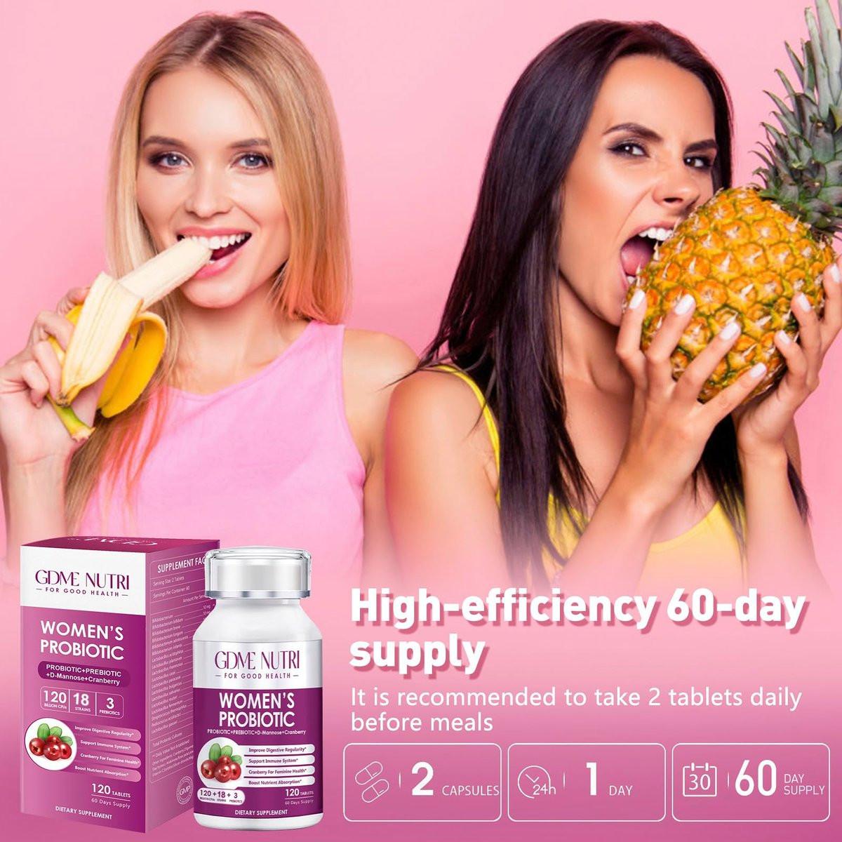 GDMENUTRI Frauen Probiotika, 120 Tabletten, 120 Milliarden KBE, 18 Stämme, mit organischem Prebiotikum Cranberry, Probiotikum für Verdauung, Immunsystem, Frauengesundheit, Soja-, Gluten- und Milchfrei