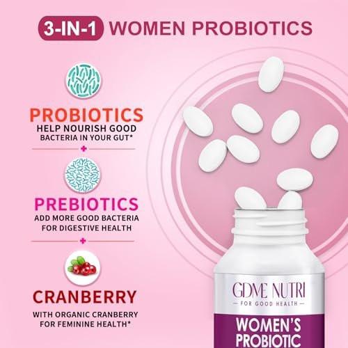 GDMENUTRI Frauen Probiotika, 120 Tabletten, 120 Milliarden KBE, 18 Stämme, mit organischem Prebiotikum Cranberry, Probiotikum für Verdauung, Immunsystem, Frauengesundheit, Soja-, Gluten- und Milchfrei