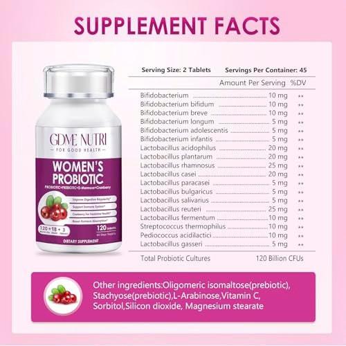 GDMENUTRI Frauen Probiotika, 120 Tabletten, 120 Milliarden KBE, 18 Stämme, mit organischem Prebiotikum Cranberry, Probiotikum für Verdauung, Immunsystem, Frauengesundheit, Soja-, Gluten- und Milchfrei