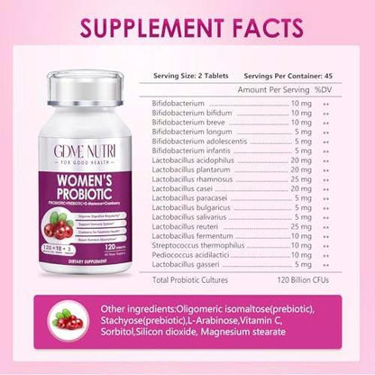 GDMENUTRI Frauen Probiotika, 120 Tabletten, 120 Milliarden KBE, 18 Stämme, mit organischem Prebiotikum Cranberry, Probiotikum für Verdauung, Immunsystem, Frauengesundheit, Soja-, Gluten- und Milchfrei