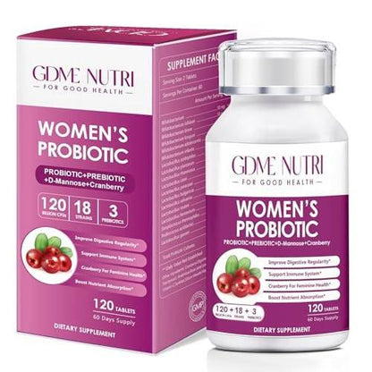 GDMENUTRI Frauen Probiotika, 120 Tabletten, 120 Milliarden KBE, 18 Stämme, mit organischem Prebiotikum Cranberry, Probiotikum für Verdauung, Immunsystem, Frauengesundheit, Soja-, Gluten- und Milchfrei