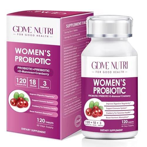 GDMENUTRI Frauen Probiotika, 120 Tabletten, 120 Milliarden KBE, 18 Stämme, mit organischem Prebiotikum Cranberry, Probiotikum für Verdauung, Immunsystem, Frauengesundheit, Soja-, Gluten- und Milchfrei