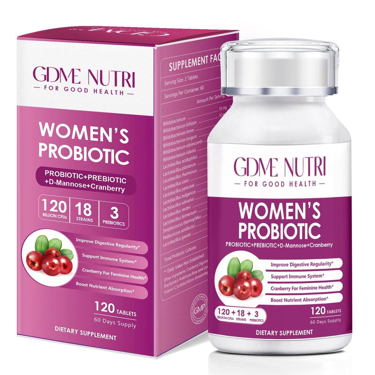 GDMENUTRI Frauen Probiotika, 120 Tabletten, 120 Milliarden KBE, 18 Stämme, mit organischem Prebiotikum Cranberry, Probiotikum für Verdauung, Immunsystem, Frauengesundheit, Soja-, Gluten- und Milchfrei