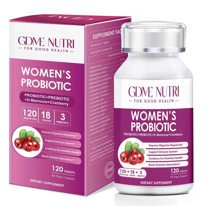 GDMENUTRI Frauen Probiotika, 120 Tabletten, 120 Milliarden KBE, 18 Stämme, mit organischem Prebiotikum Cranberry, Probiotikum für Verdauung, Immunsystem, Frauengesundheit, Soja-, Gluten- und Milchfrei