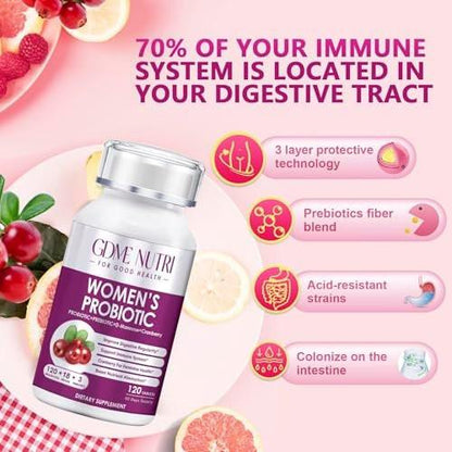 GDMENUTRI Frauen Probiotika, 120 Tabletten, 120 Milliarden KBE, 18 Stämme, mit organischem Prebiotikum Cranberry, Probiotikum für Verdauung, Immunsystem, Frauengesundheit, Soja-, Gluten- und Milchfrei