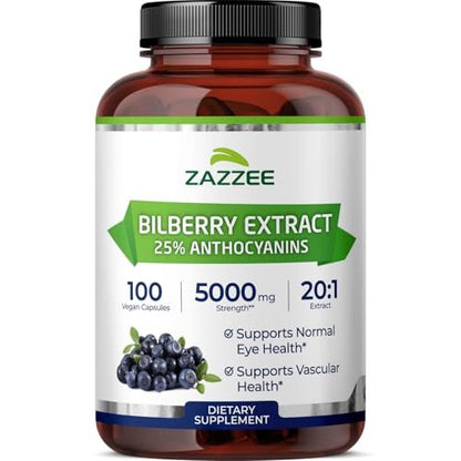 Zazzee Extra Starkes Heidelbeere 20:1 Extrakt, 25% Anthocyane, 100 vegane Kapseln, 3+ Monate Vorrat, Vaccinium Myrtillus, Augengesundheit, Sehkraft & Antioxidantien, Nicht-GVO, Hergestellt in den USA